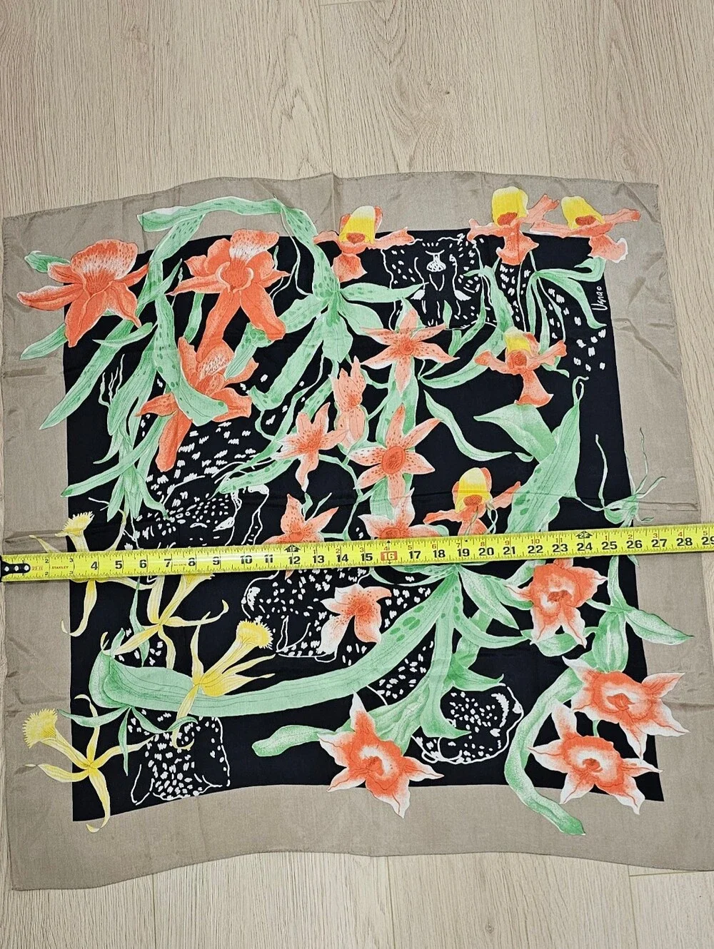 Vintage Vera Neumann Silk Scarf Orchid Floral Japan 31in Square Black Taupe